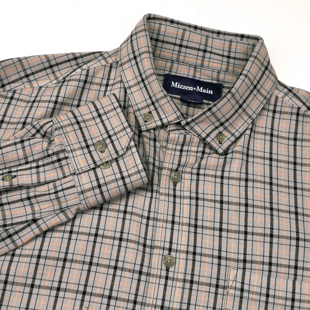 Mizzen+Main Shirt Men's L Grey Orange Plaid Trim Fit Performance Stretch